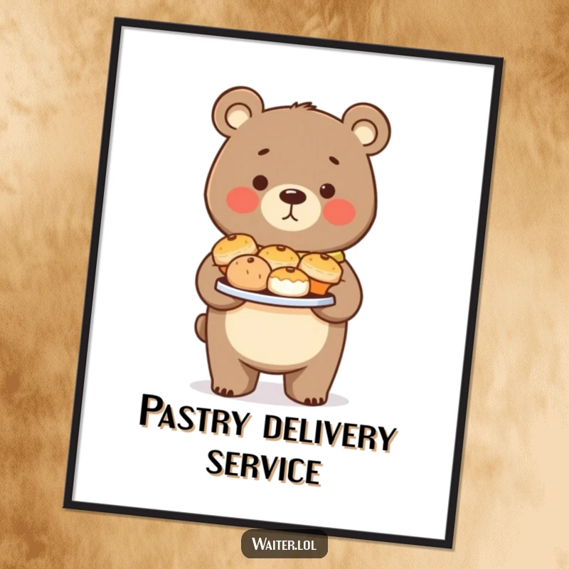 Funny Bear Pastry Poster: A proud bear carefully presents a plate of delicious pastries, a heartwarming piece of art.