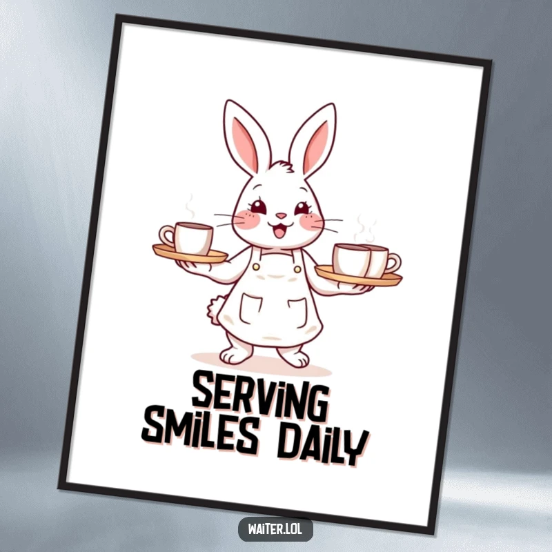 Funny poster art of a happy bunny wearing an apron and carrying a tray of steaming mugs, perfect for decor.