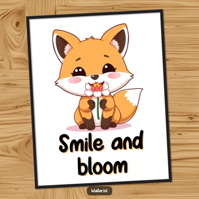 Funny poster art of a happy fox with a beaming smile delivering a single perfect flower, perfect for decor.