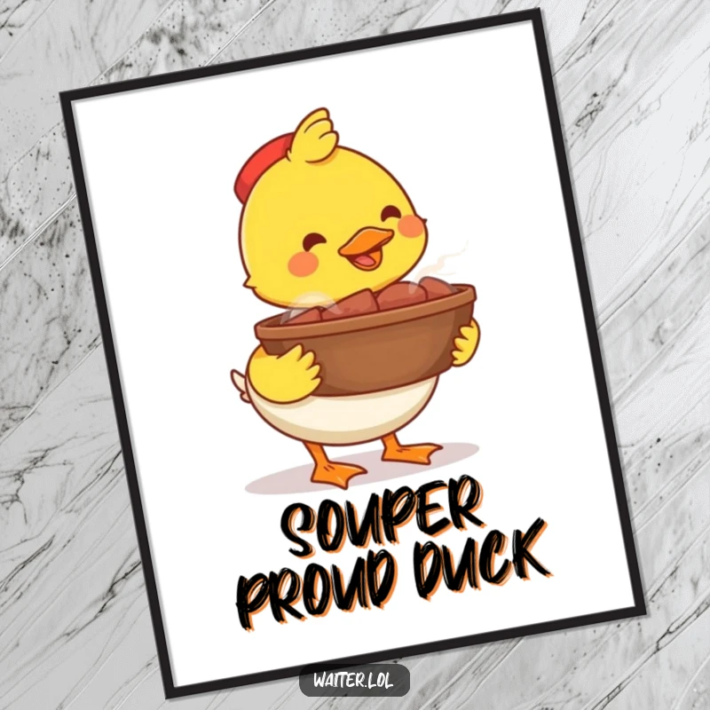 Funny happy duck bowl poster, a proud duck carrying a large steaming bowl, vibrant and humorous wall art.