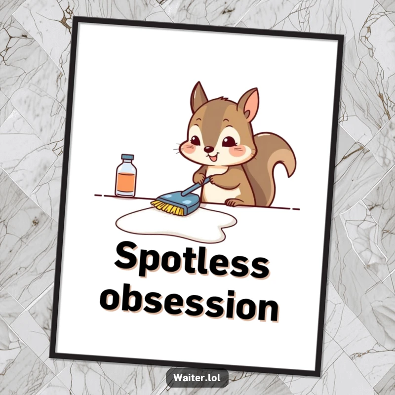 Funny squirrel poster print of a determined squirrel scrubbing a table, capturing a moment of intense cleaning effort.