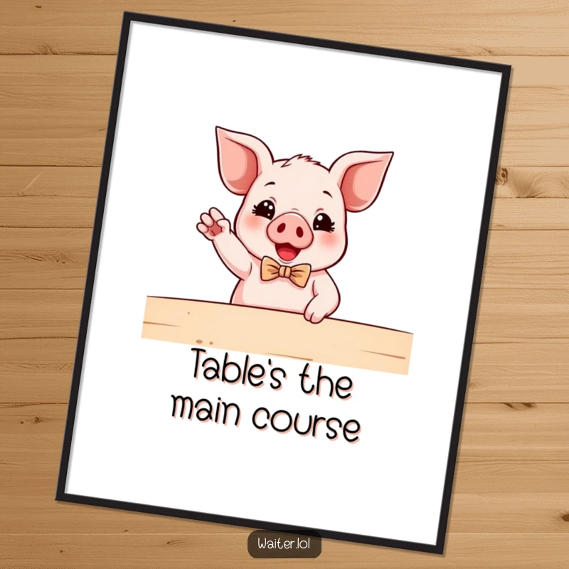 Funny Piglet Waiter Poster: An excited piglet in a bowtie gestures vigorously towards a table, perfect for wall art.
