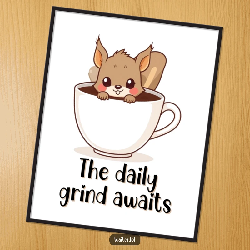 Funny Squirrel Poster: A curious squirrel peeks from behind a giant coffee cup, a humorous piece of wall art for coffee fans.