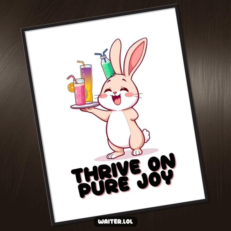 Funny poster showcasing a cheerful bunny delightedly wobbling while balancing a towering tray of colorful drinks.
