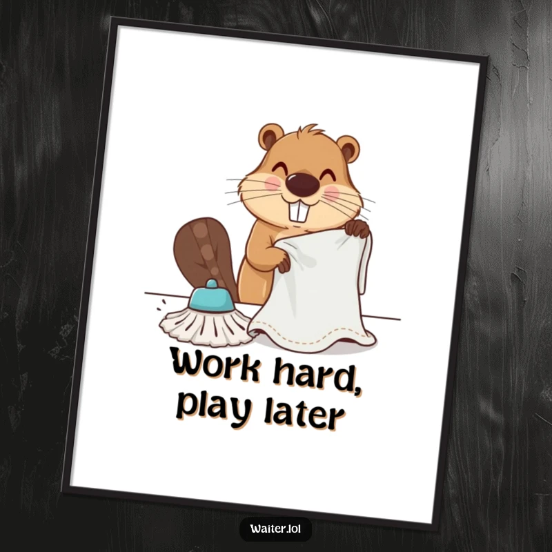 Funny determined beaver vigorously wiping a table with a large cloth on a poster, featuring humorous industrious art.