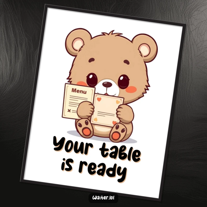 Funny bear cub poster, curious and hopeful, politely presenting a tiny menu, adding a touch of adorable whimsy to decor.