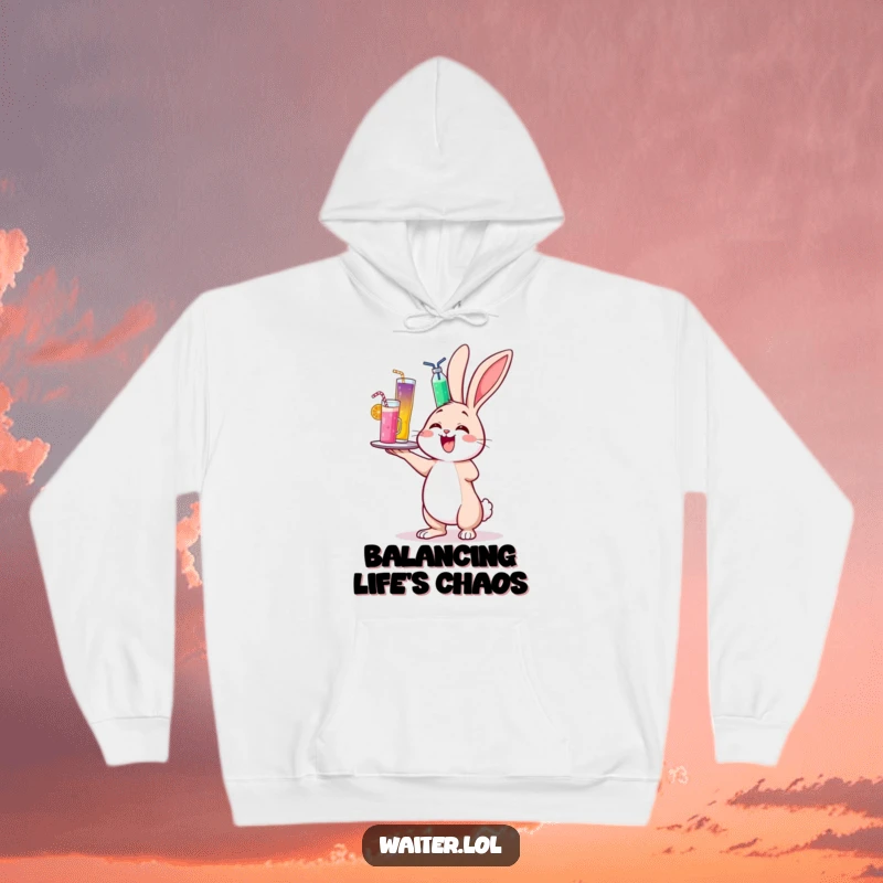 Funny hoodie showing a cheerful bunny delightedly wobbling while balancing a towering tray of colorful drinks.
