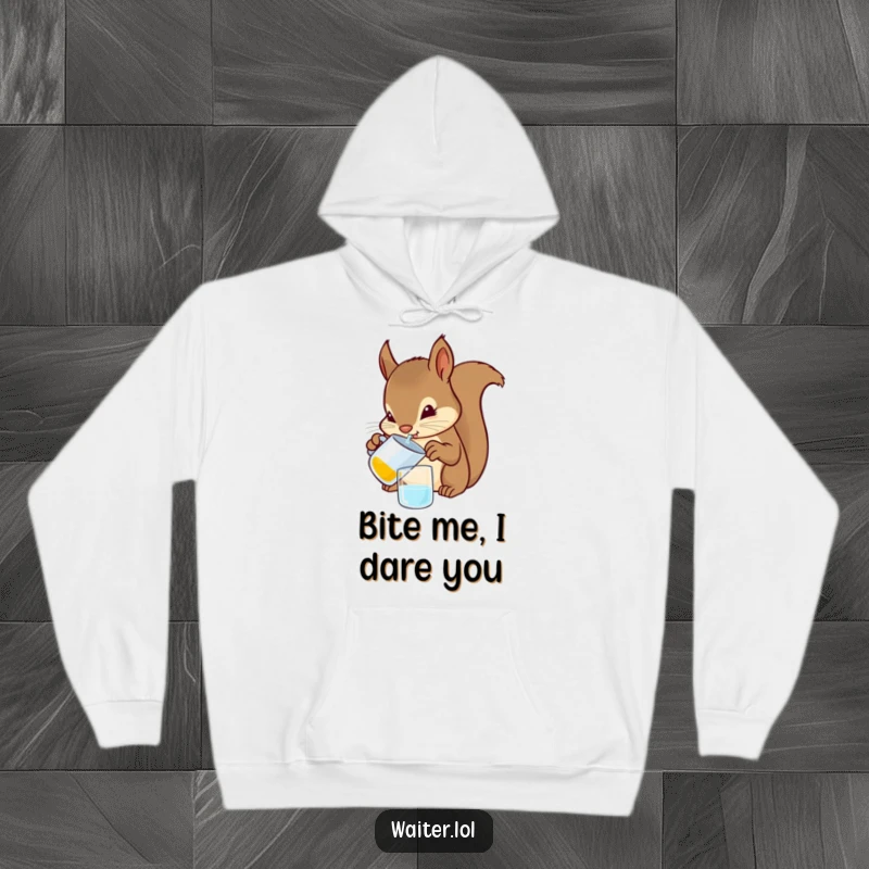 Funny Squirrel Bartender Hoodie: A detailed illustration of a determined squirrel carefully pouring a drink from a small pitcher, showcasing intense focus.