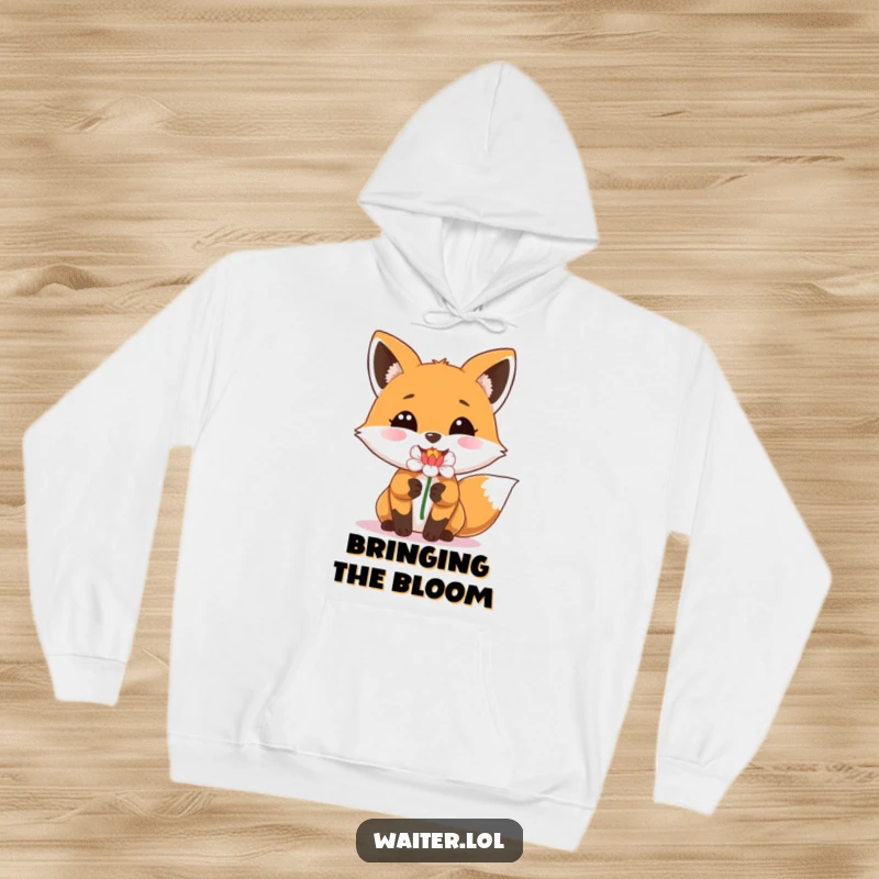 Funny hoodie showcasing a happy fox with a beaming smile delivering a single flower, offering cozy woodland vibes.