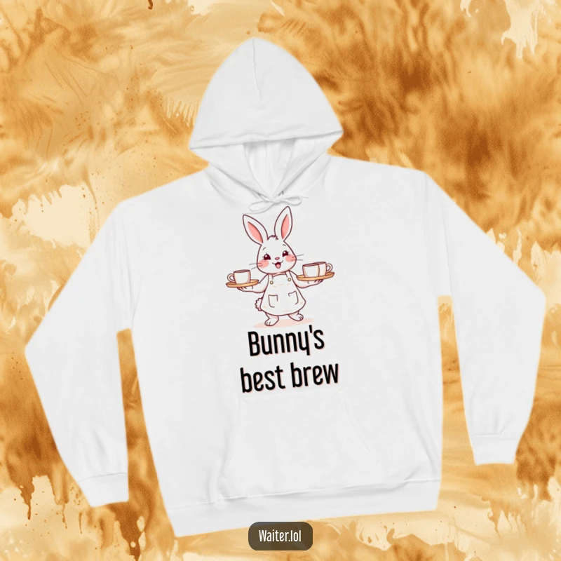 Funny hoodie showcasing a happy bunny in an apron carrying a tray of steaming mugs, offering cozy cheer.