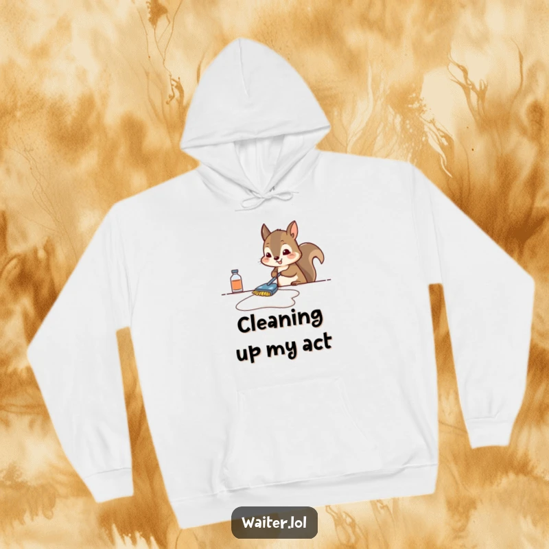 Funny squirrel hoodie depicting a determined squirrel scrubbing a table, perfect for cozy and industrious wear.