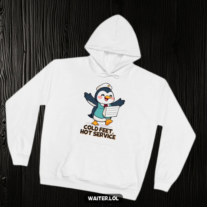 Funny hoodie featuring a joyful penguin waiter waddling with a large order form and a hopeful yet determined expression, perfect for chilly days.