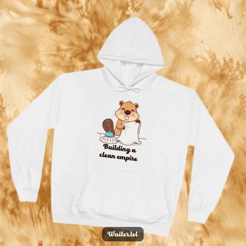 Funny determined beaver vigorously wiping a table with a large cloth on a cozy hoodie, offering warm, industrious humor.