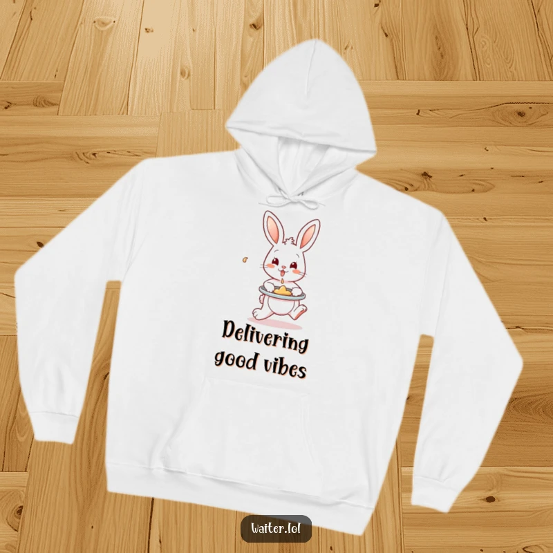 Funny Hoodie featuring a playful bunny hopping with a tray, artfully containing a spill, offering warmth and humorous reassurance.