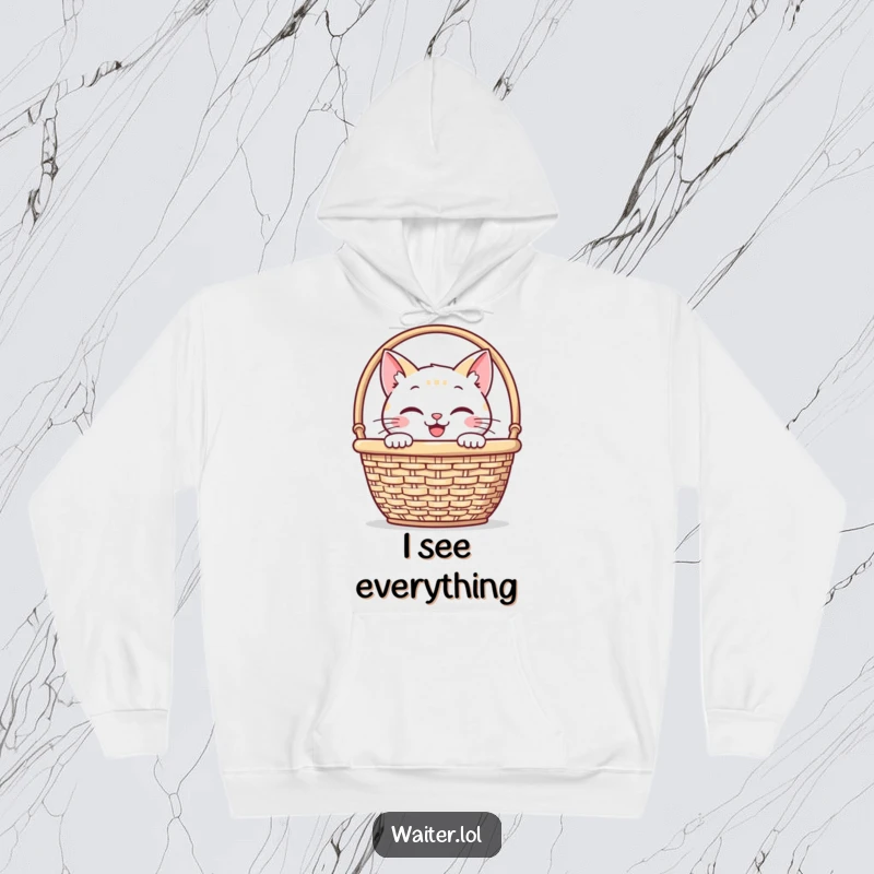 Funny hoodie with a smiling cat peeking from behind a napkin basket, offering warmth and a touch of playful, stealthy humor.