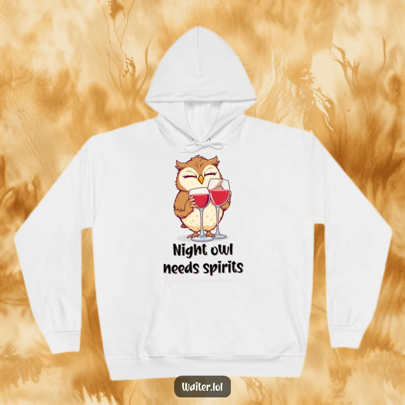 Funny hoodie with a giggling owl winking and polishing a wine glass, offering warmth and humor for cozy moments.