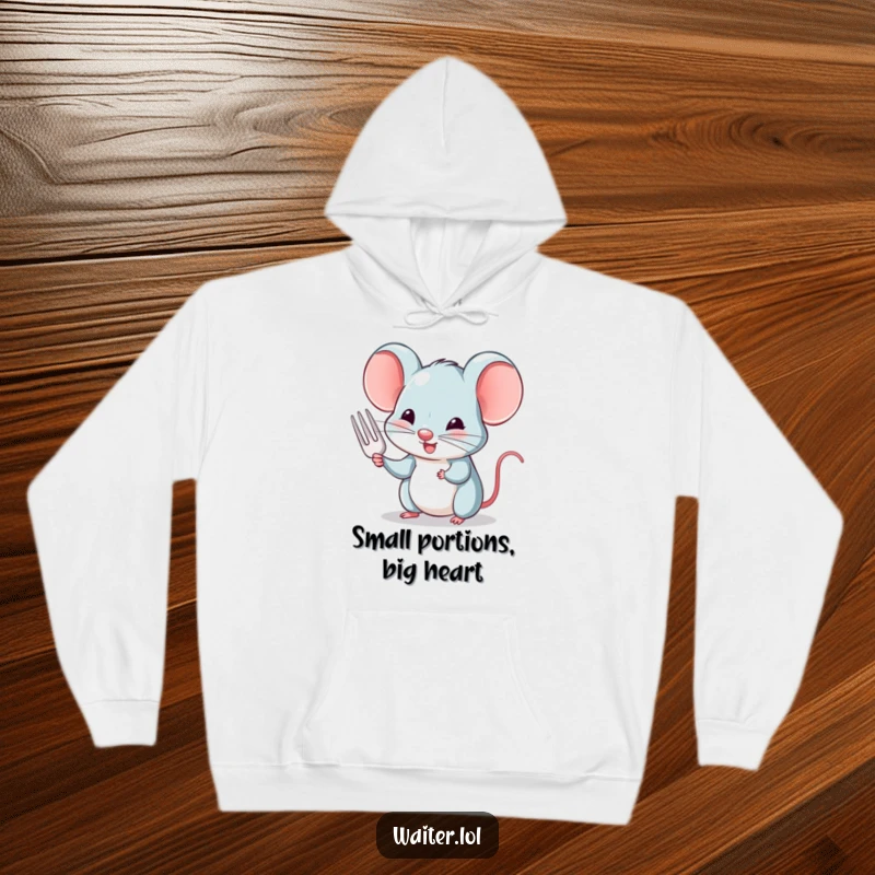Funny and cozy hoodie featuring a charming mouse politely nodding and offering a tiny fork, perfect for warmth and humor.