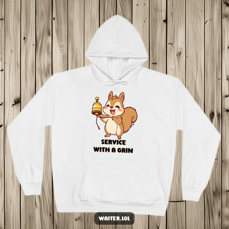 Funny squirrel hoodie, enthusiastically ringing a service bell, radiating cheerfulness and warmth, a cozy and funny apparel choice.