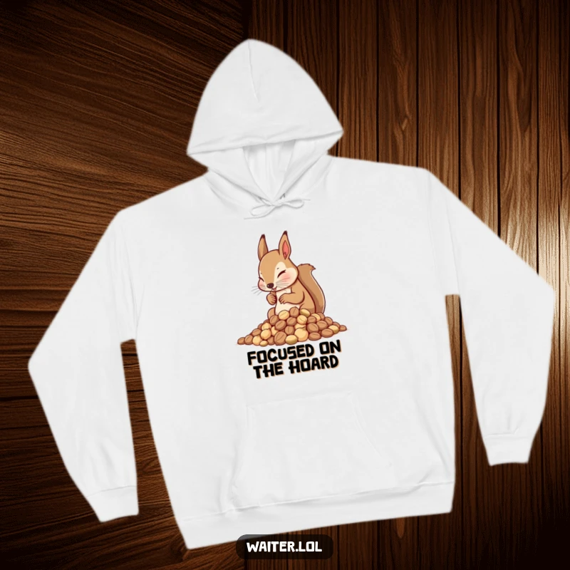 Funny Squirrel Waiter Hoodie: Determined squirrel waiter meticulously arranging nuts, offering warmth and humor.