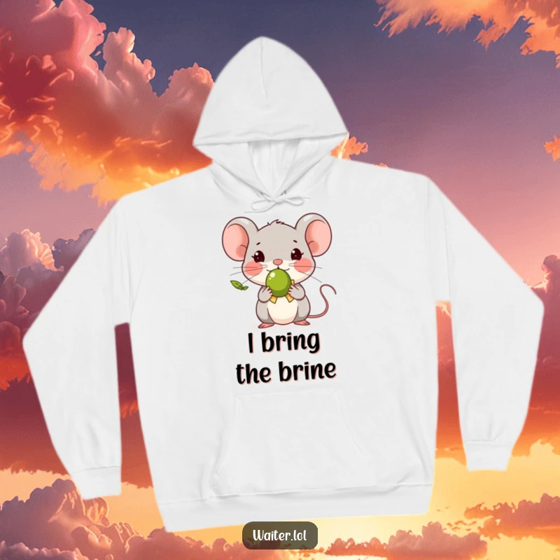 Funny tiny mouse character offering a single olive with a polite bow, printed on a warm, comfortable hoodie.