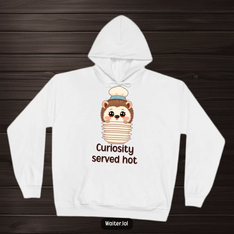 Funny Hedgehog Waiter Hoodie: Curious hedgehog waiter peeking from behind a stack of plates, offering warmth and humor.