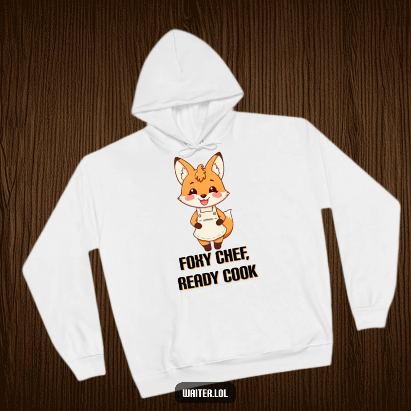 Funny fox apron hoodie featuring a charming fox wearing an apron and smiling broadly, offering cozy comfort.
