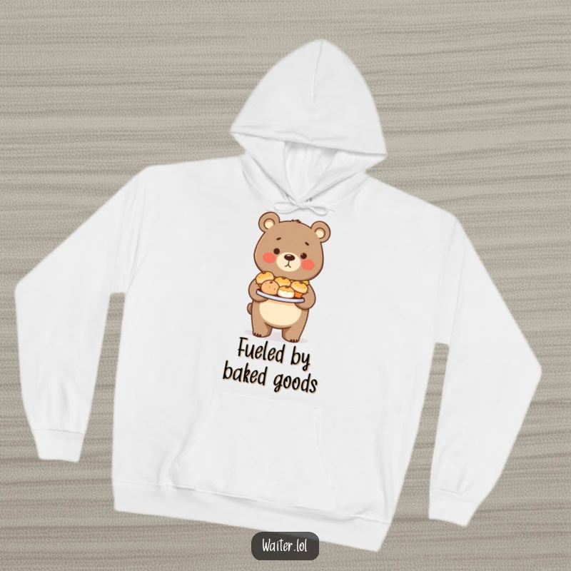 Funny Bear Pastry Hoodie: A diligent bear carries a plate of delicious pastries with a proud, careful expression.