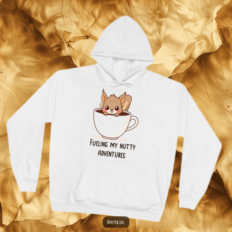 Funny Squirrel Hoodie: A curious squirrel peeks from behind a giant coffee cup, a cozy and humorous apparel item.