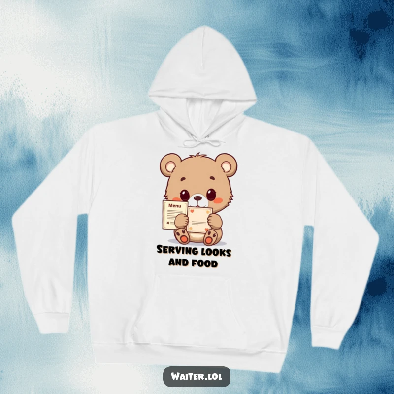 Funny bear cub hoodie, depicting a curious and hopeful cub, politely presenting a menu, exuding warmth and endearing charm.