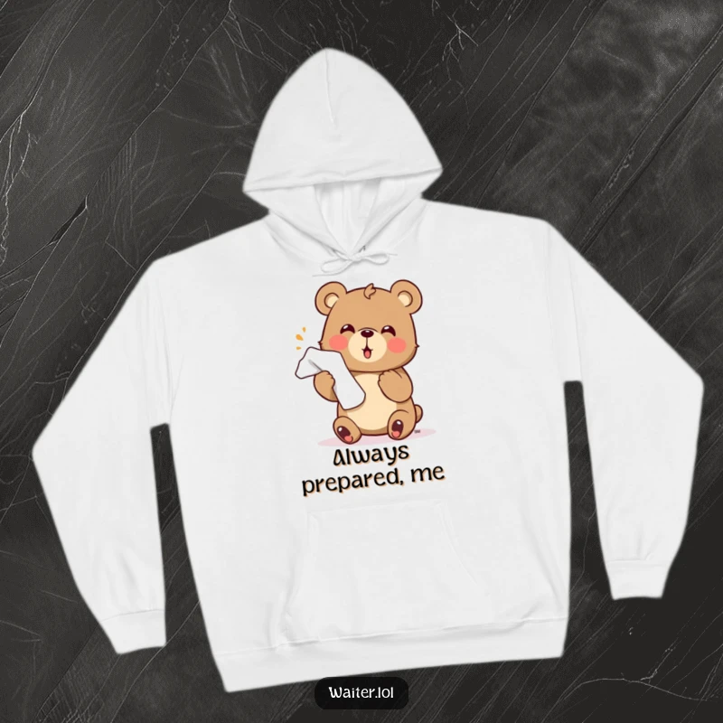 Funny bear hoodie depicting a cute character enthusiastically offering a napkin with a flourish, providing cozy hospitality humor.