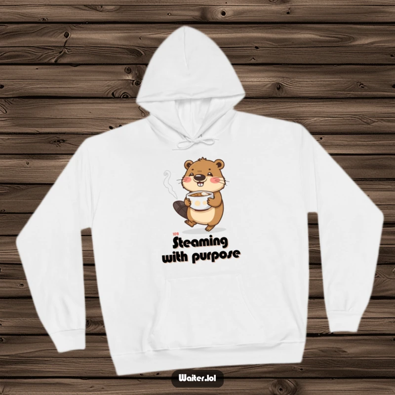 Funny beaver hoodie depicting a busy character carefully carrying a steaming bowl, providing cozy and dedicated humor.