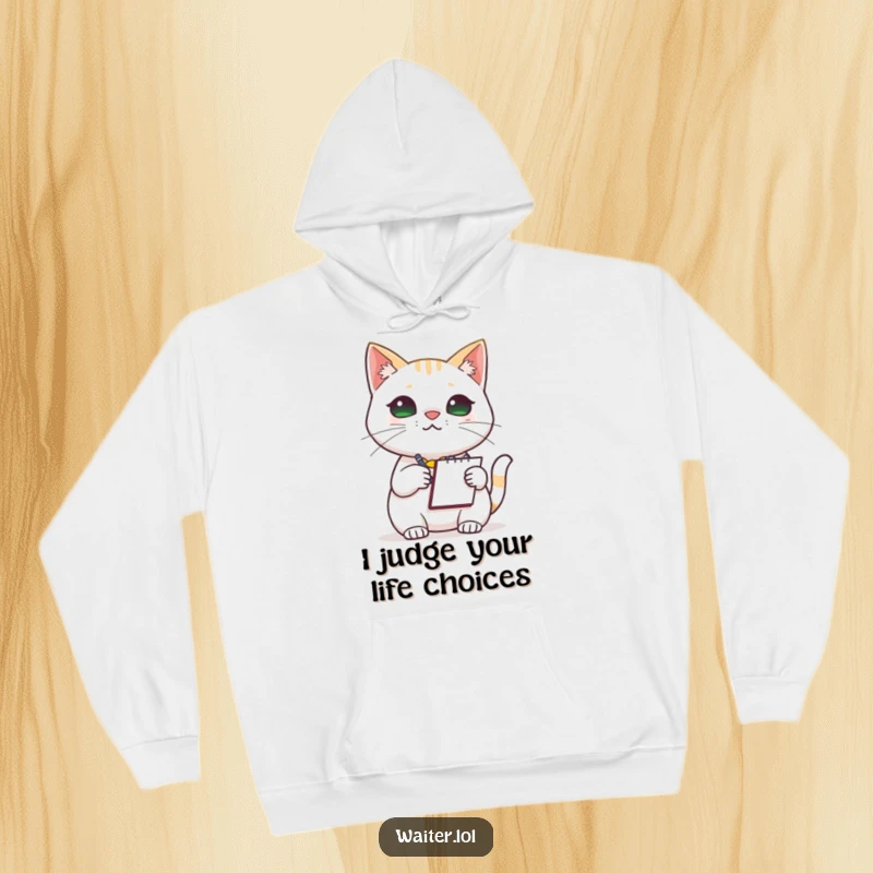 Funny Cat Barista Hoodie: A detailed illustration of a cat barista, notepad in paw, giving an engaged and polite expression while taking an order.