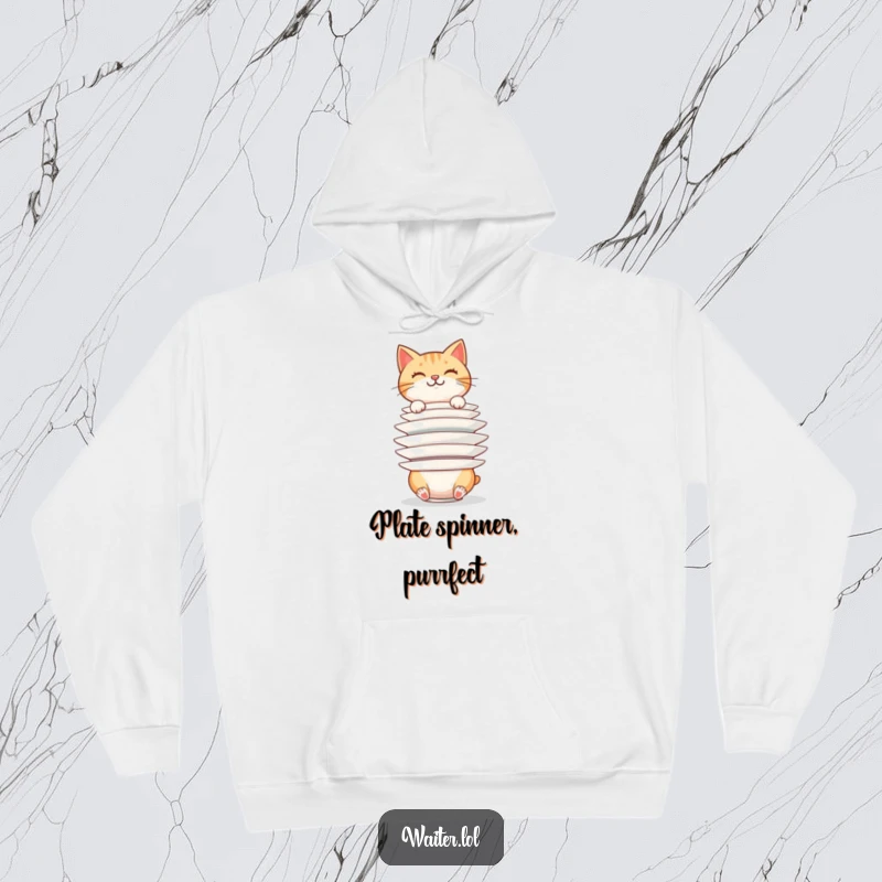 Funny cheerful cat balancing a huge stack of plates precariously on a hoodie, showcasing feline balancing act, a funny gift.