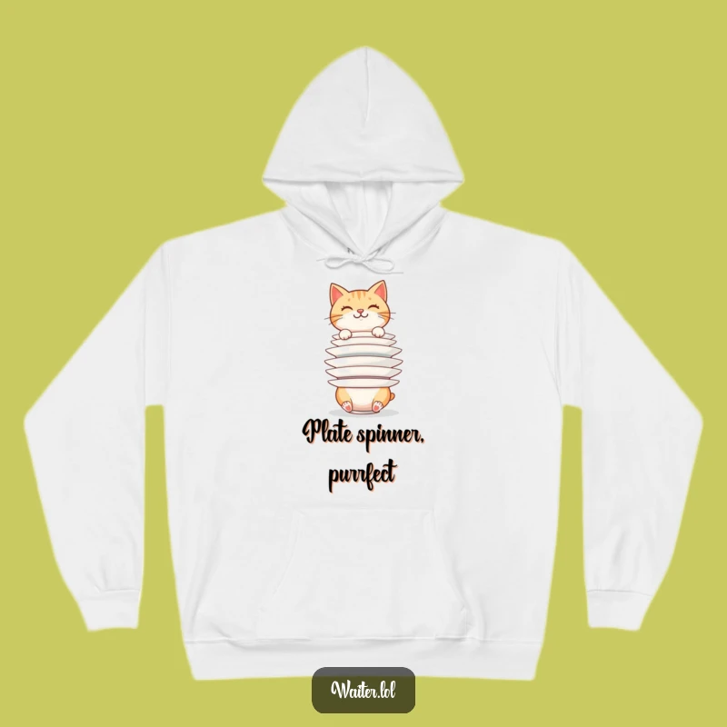 Funny Cat Plate Stacker Hoodie: Precarious Balance Design, Cozy Feline Wear, Perfect Funny Gift