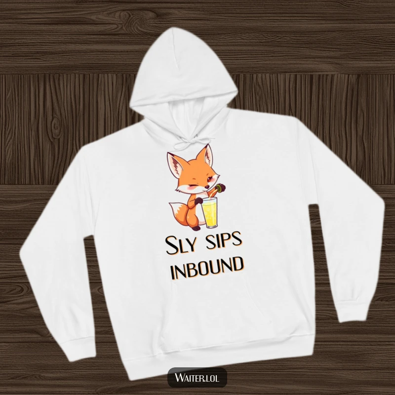 Funny fox hoodie depicting a playful fox pouring a drink with a mischievous twinkle, perfect for cozy and witty wear.