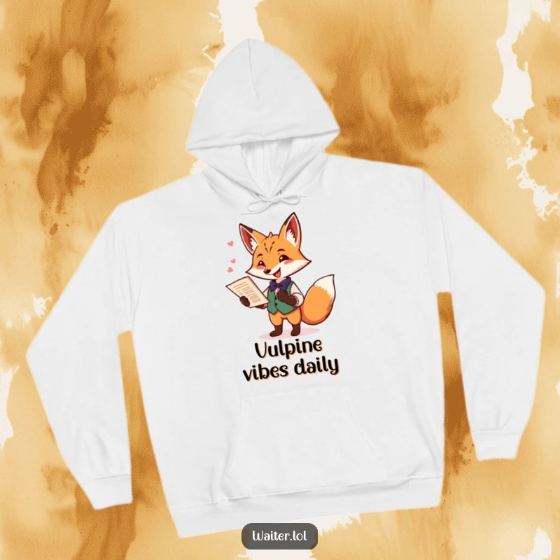 Funny fox waiter hoodie depicting a playful fox offering a menu with a flourish and a mischievous twinkle, perfect for cozy humor.
