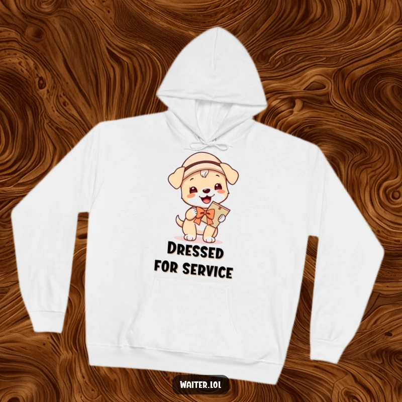 Funny hoodie with a giggling puppy wearing a hat and bow, proudly carrying a menu, offering cozy comfort and adorable, playful charm.
