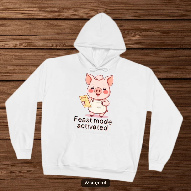 Funny Jovial Pig Hoodie: A smiling pig in a chef apron holds a menu, radiating warmth and culinary cheer.