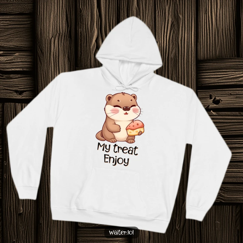 Funny Otter Pastry Hoodie: A cute otter winks charmingly while presenting a single, delectable pastry, perfect for cozy days.