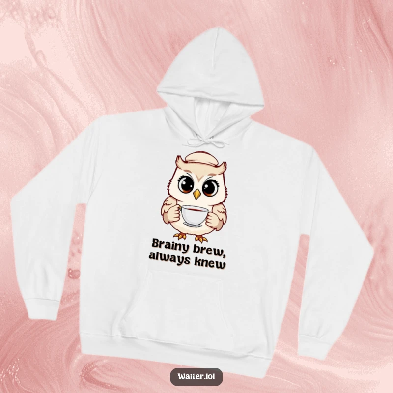 Funny owl waiter hoodie depicting a cheerful bird in a cap, holding a teacup with wide, knowing eyes, offering cozy humor.