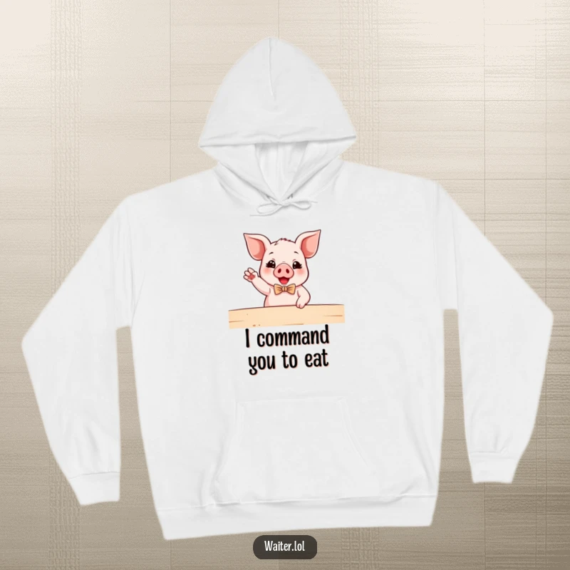 Funny Piglet Waiter Hoodie: A happy piglet in a tiny bowtie gestures with gusto towards a table, embodying enthusiastic service.
