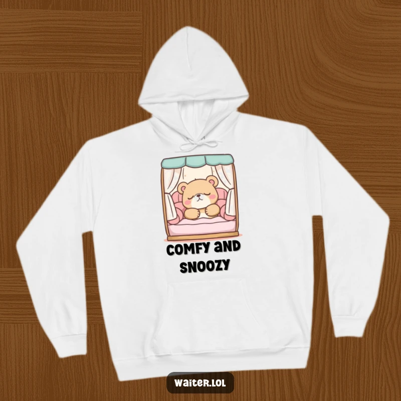 Funny hoodie depicting a sleepy bear character peacefully snoozing in a comfortable booth, radiating warmth and coziness.