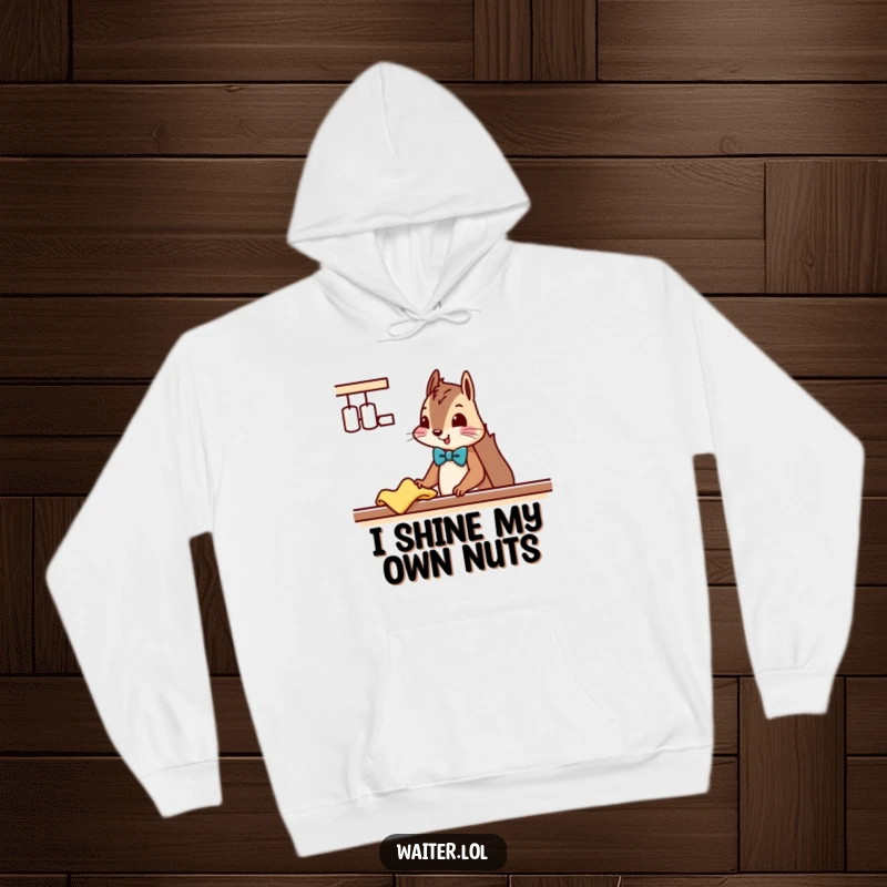 Funny Squirrel Cleaner Hoodie: A squirrel in a neat bowtie politely wipes a counter with a cloth, looking focused.
