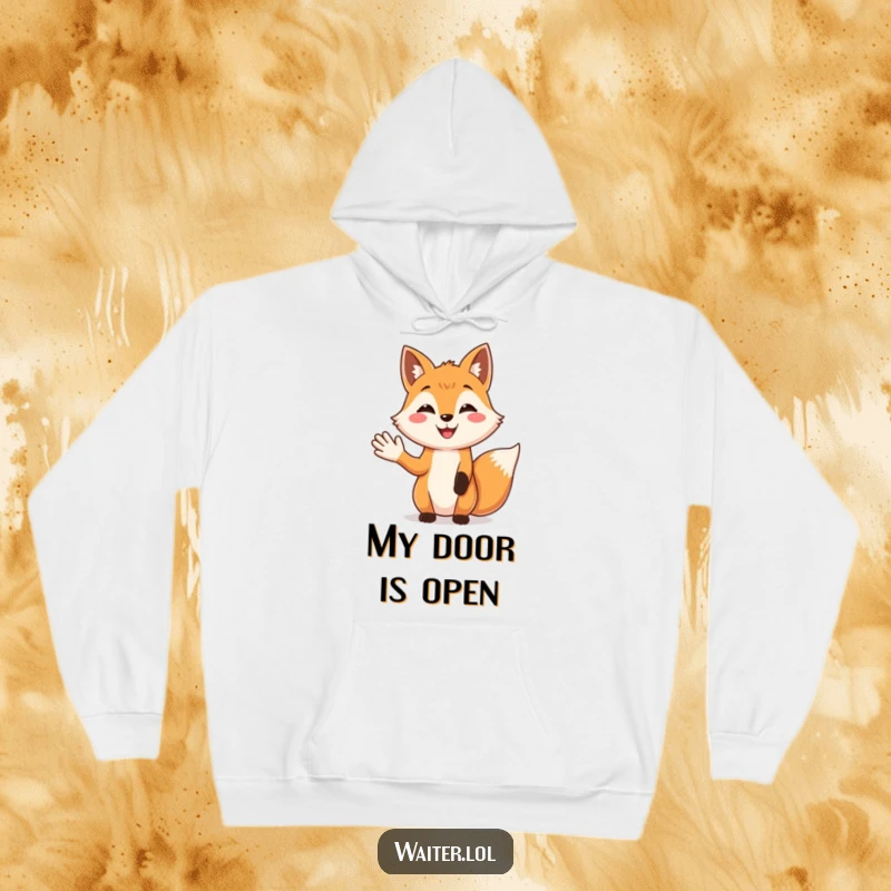 Funny Welcoming Fox Hoodie: A smiling fox with an open palm offers a warm, inviting gesture, radiating friendliness.