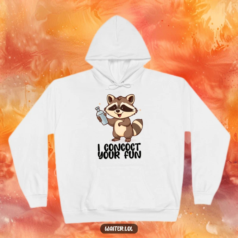 Funny Raccoon Bartender Hoodie: A playful raccoon energetically spins a cocktail shaker, radiating party vibes and good cheer.