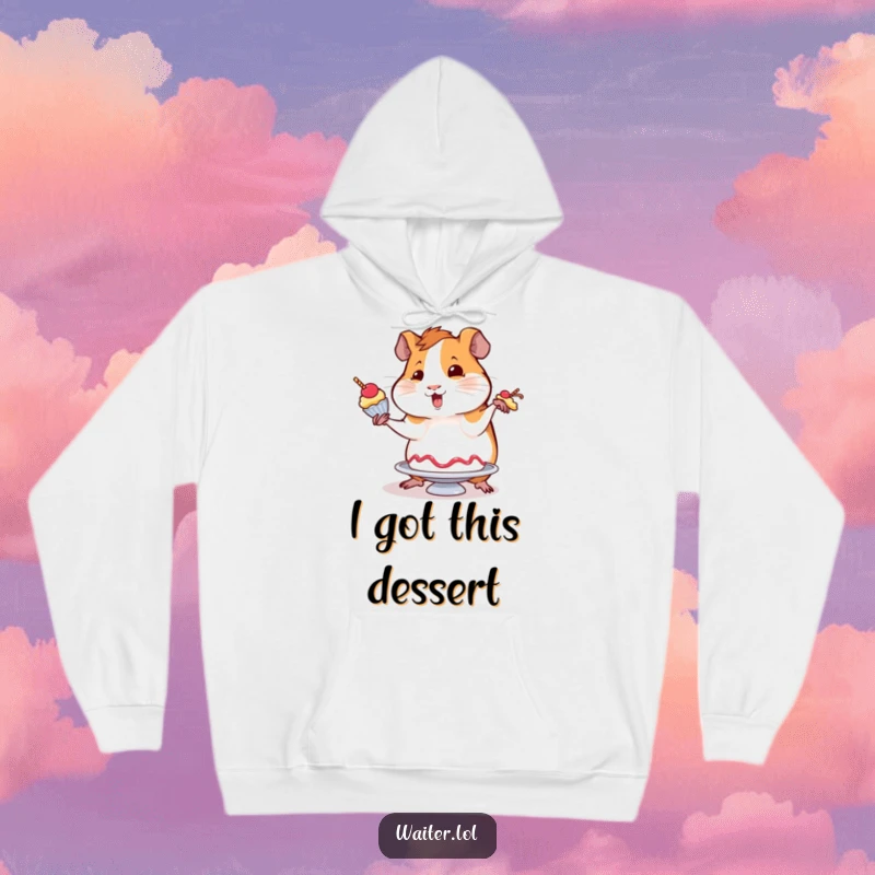 Funny hoodie featuring a wobbly guinea pig attempting to balance a dessert with flair, offering warmth and a dose of whimsical humor.