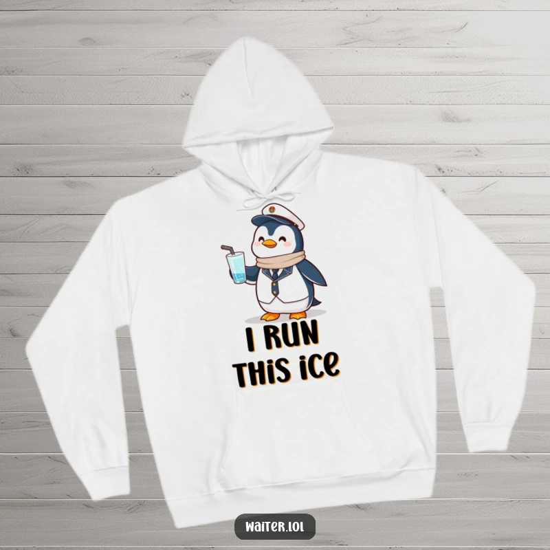 Funny Penguin Bartender Hoodie: A proud penguin in a sleek uniform offers a frosty drink, radiating cool sophistication.