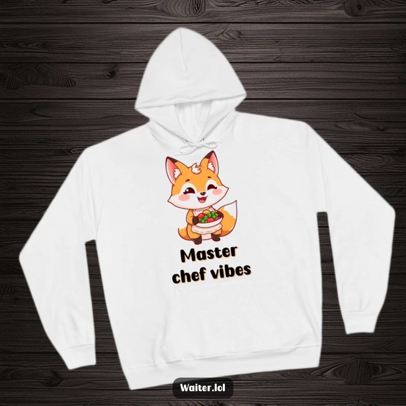 Funny grinning fox wearing an apron proudly presents a colorful dish on a cozy hoodie, offering warm culinary humor.