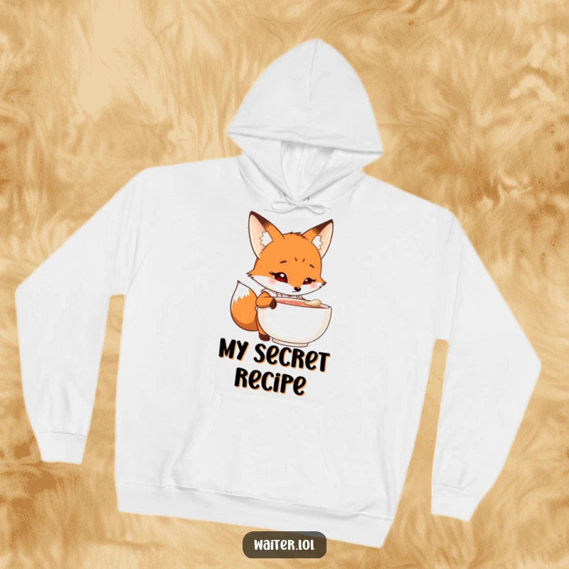 Funny fox chef hoodie with a curious cartoon fox in an apron peering into a steaming bowl with intrigue, comfortable and humorous clothing.