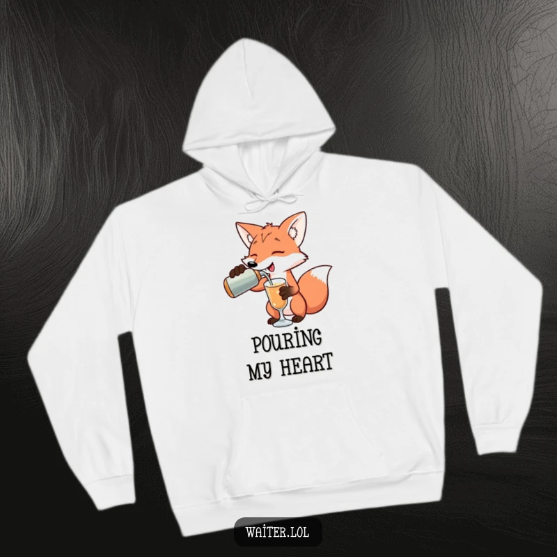 Funny playful fox pouring a drink with an exaggerated flourish on a hoodie, embodying cozy hospitality, a funny gift.